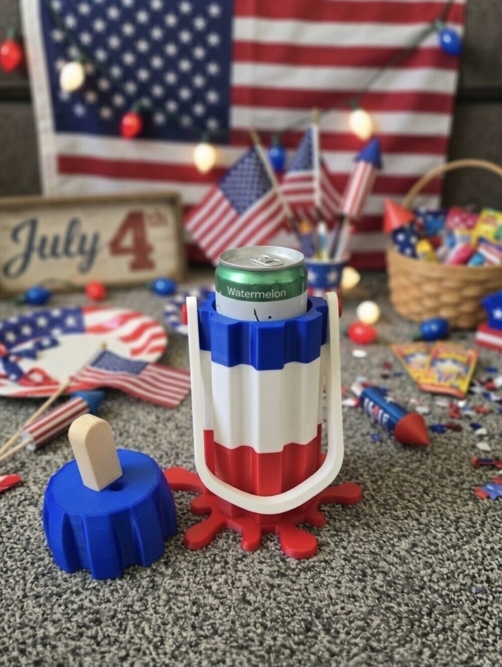 🇺🇲3D Printed Patriotic Bombpop Can Cooler- Slim Cans 12oz Handle & Coaster🇺🇲